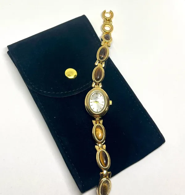 Vintage Style New Gold Plates Brown Stone Tiger Eye Stone Luxury Watch - Image 5