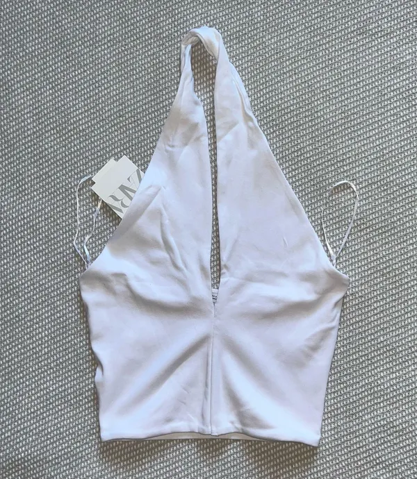 Zara White V Neck Cotton Cropped Halter Top Sz M - Image 2