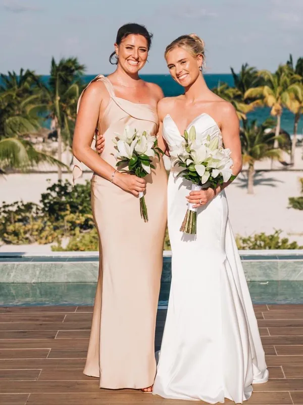 Azazie Driea Champagne satin maxi dress - Image 2