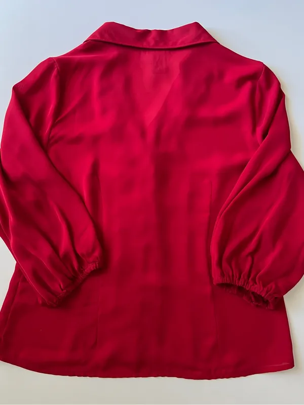 Jaclyn Smith Red Satin Ruffle Button Front 3/4 Balloon Sleeve Blouse Women’s M - Image 3