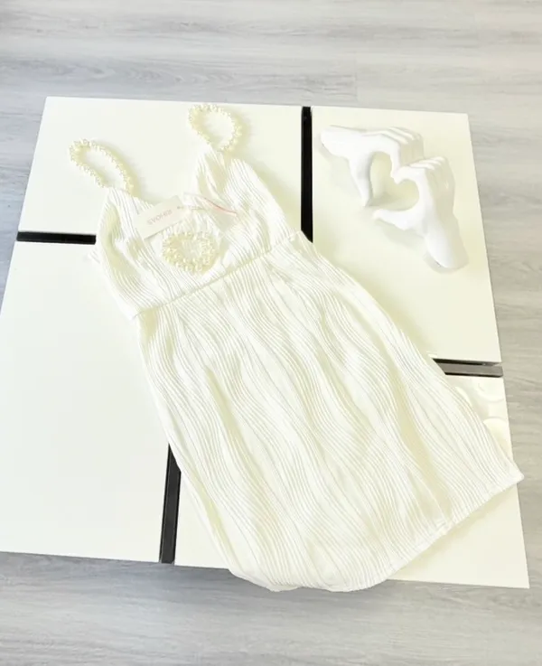 ✨ NWT RIHOAS White Textured Plissé Mini Dress w/ Pearl Straps (Size XS) 🤍 - Image 8