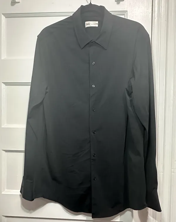 ZARA Men's Black Solid Dress Shirt XL Long Sleeve Button Front Point Collar - Image 2