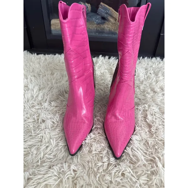 Hot Pink Crocodile Embossed Heeled Cowboy Boots Rhinestone‎ Fringe Women 8 NWOT - Image 2