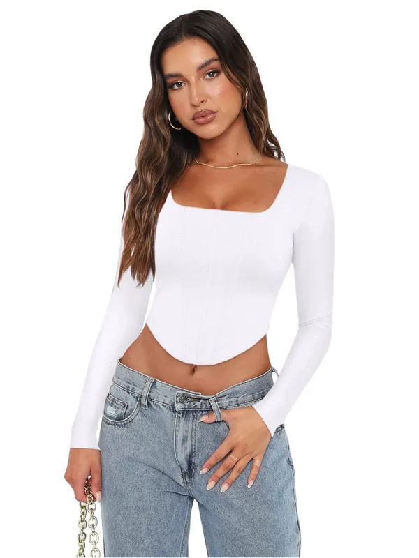 NWOT ReoRia White Corset Crop Top Small Square Neck Long Sleeve Sculpting Y2K - Image 3