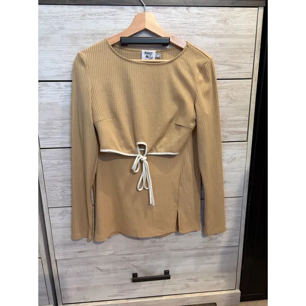 Princess Polly Womens Ribbed 2 Piece Set Tan Long Sleeve Mini Skirt Sz 8 - Image 3