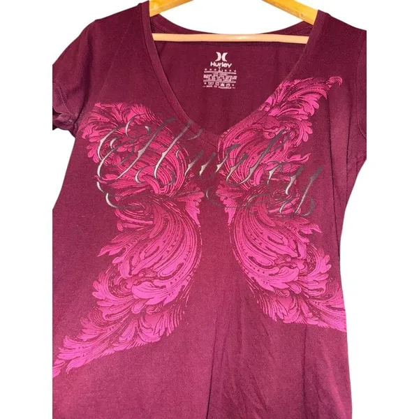 Hurley Y2K Deep Scoop V Neck Size Large Red Logo Short Sleeve Distressed ~Flawed - Image 2