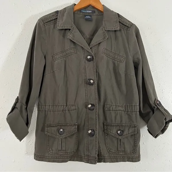French Cuff Olive Green Military Utility Jacket Casual Medium - Image 2