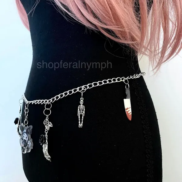 Handmade Silver Kawaii Whimsygoth Anime Skeleton Chain Belt, Fits 23-45 Inches, X7GA1350 - Image 4