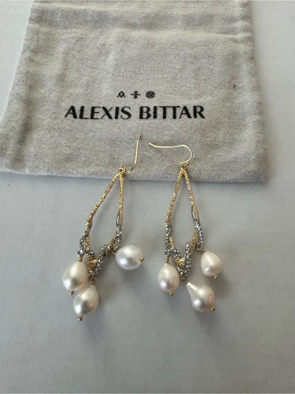 NWOT Alexis Bittar Gold Tone Crystal & White Pearl Drop Earrings - Image 5