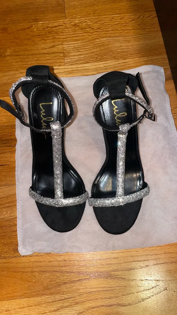 Lulus Addyna Black Suede Rhinestone T-Strap High Heels  - Image 2