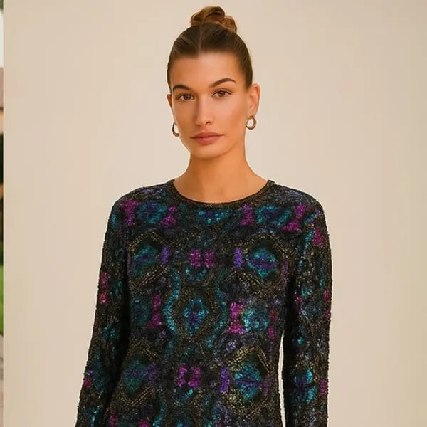 Vintage Art Deco 100% Silk Sequin & Beaded Top M - Image 2