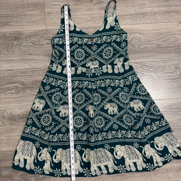 Boho Elephant Print Sundress Dress Size‎ S Teal Cream Smocked Back Mini Thailand - Image 11