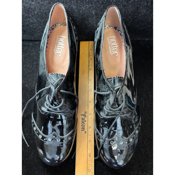 Hotter Comfort Concept Black Patent Leather Brogue Oxford Block Heels Womens - Image 4