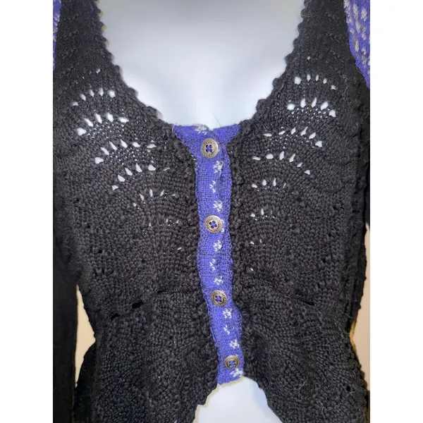 Free People Black Mixed Media Crochet Pointelle Peplum Cardigan Sweater S Indie - Image 3