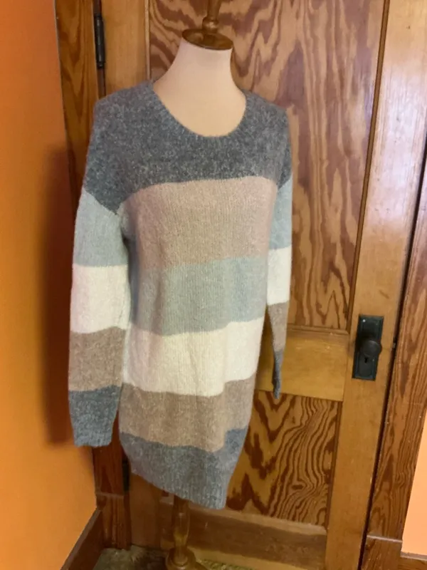 Entro Colorblock Sweater Dress Medium Soft Knit Cozy Neutral Striped Long Sleeve - Image 5
