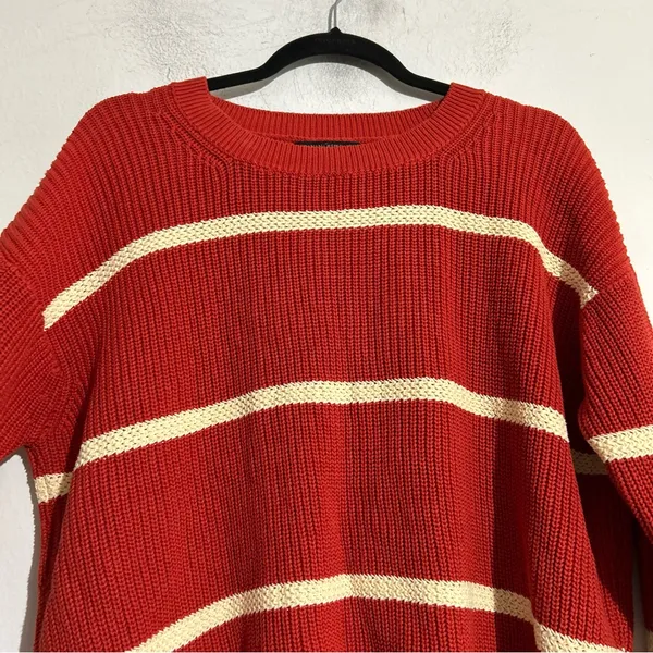 Banana Republic Factory Red White Striped Cotton Knit Crewneck Sweater Large - Image 5