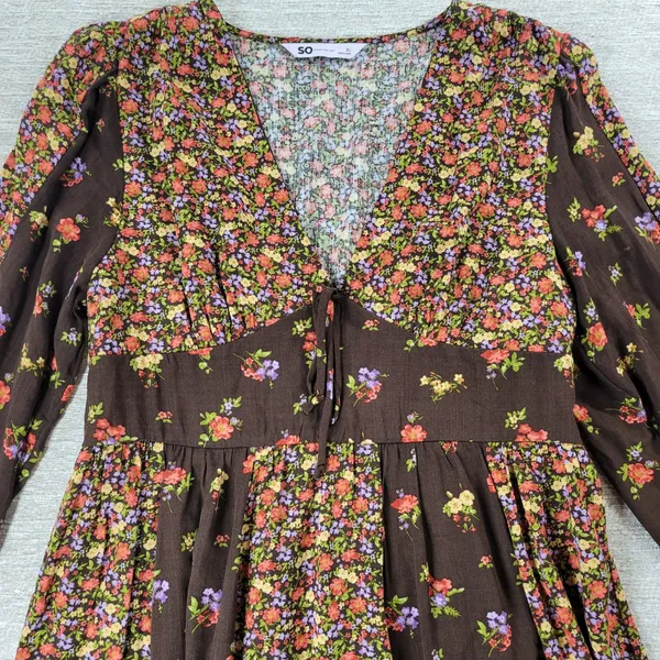 SO Mini Dress XL Brown Mixed Ditzy Floral Print Fit & Flare Cottagecore Prairie - Image 7