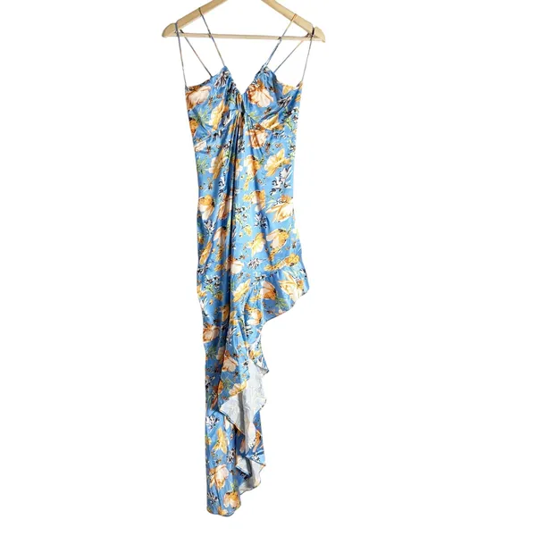 Nookie Simone Blue Floral Satin Asymmetrical Ruffled Cut Out Cocktail Dress L - Image 6