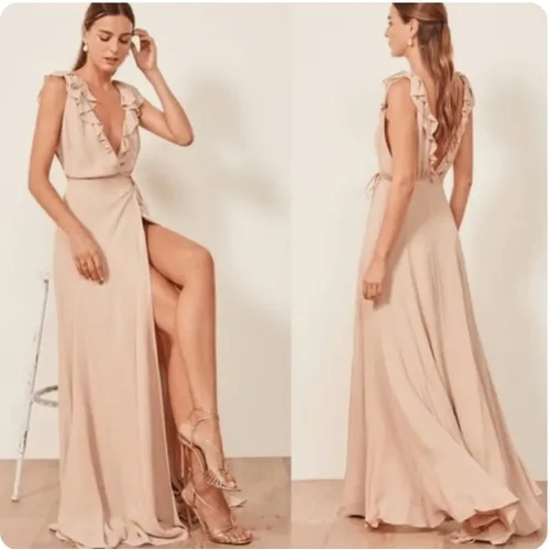 Reformation Peppermint Dress maxi gown Champagne‎ Blush Nude Ruffled Wrap Medium - Image 3