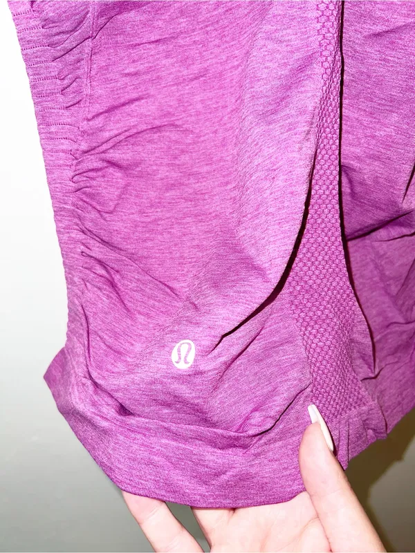 Lululemon Women’s In The Flow Purple Low Open Back Tank Top w/ Black Trim and Ruched Sides - Image 7