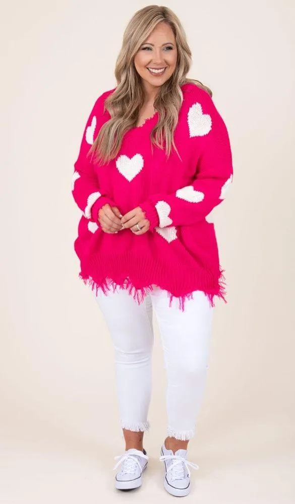 Chic Soul Looking For A Lover Valentines Heart Neon Fuchsia Sweater - size XL/1X - Image 14