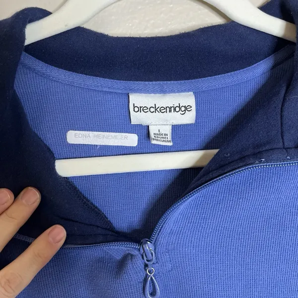 Breckenridge womens quarter zip Pullover Blue Embroidered Preppy Cottage VTG‎ L 90s Nature - Image 3