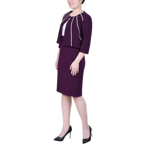NWT Ny Collection Petite Two-Piece Dress Set with Jacket Plum Purple / White 10P - Image 2