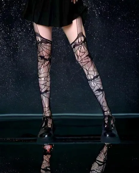 Black Bat Fishnet Suspender Tights Hollow Out High Waist Mesh Pantyhose One Size - Image 2