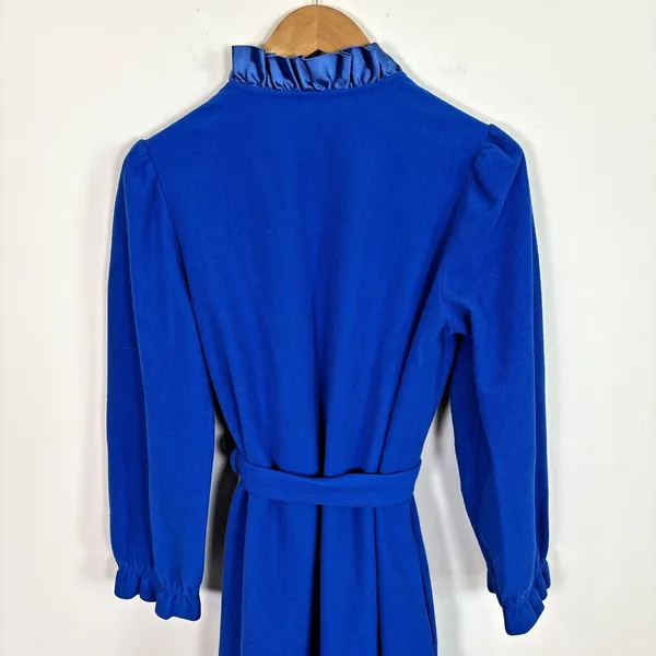 Vtg Sears At Home Wear Robe Womens Sz M Royal Blue‎ Ruffle Trim Long - Image 7