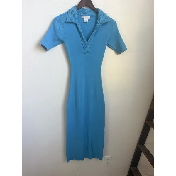 Caroline Constas Blue Knit Ribbed Crochet Collar Bodycon Dress Size S - Image 2