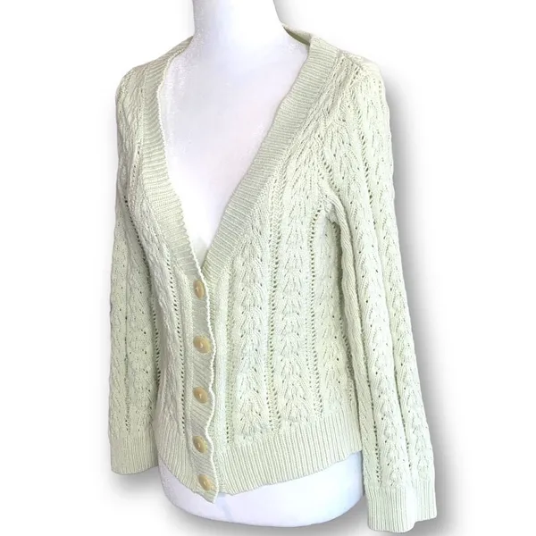 Vintage 90s Fitted Cable Knit‎ Cardigan Sweater Cropped Pastel Pistachio Green - Image 3