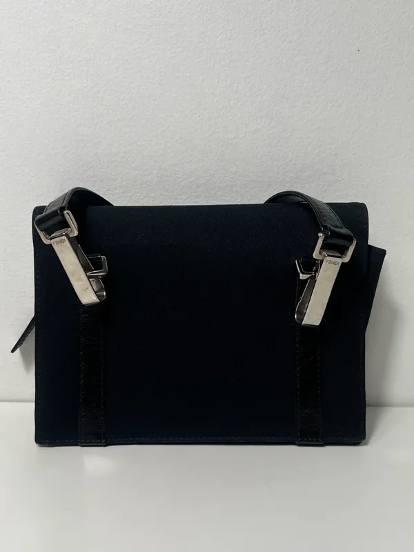 Fendi FF Logo Black Canvas Zucca Baguette Shoulder Flap Crossbody Bag Clutch - Image 11