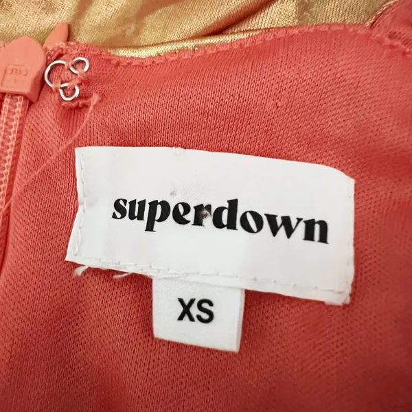 Superdown Kerrie Deep V Neck Metallic Holographic Orange Sparkle Ruched Dress XS - Image 2