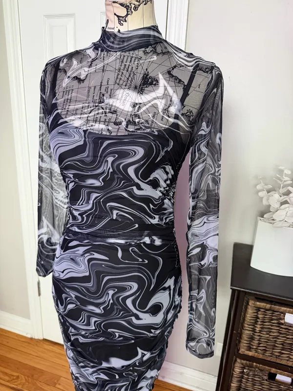 NWOT Akira marble High-Neck Print mesh y2k Bodycon Dress swirl pattern ruched Sz M black/white long sleeve - Image 3