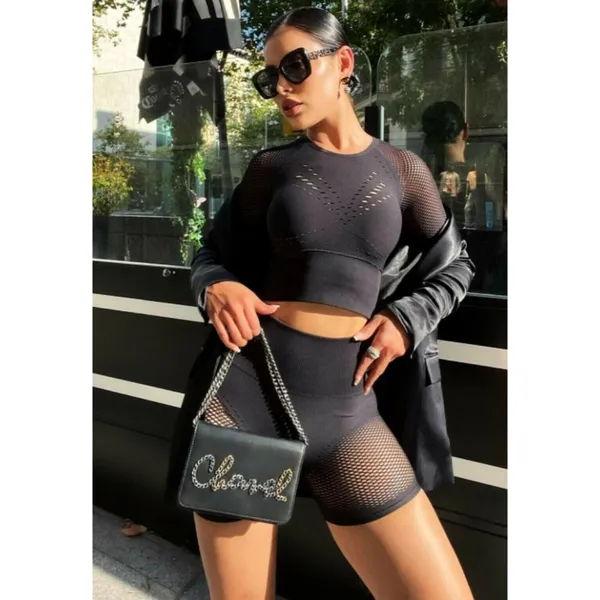 Alo Seamless High-Waist Limitless Open Air Shorts Black Edgy Sheer Mesh Cut-Outs - Image 8