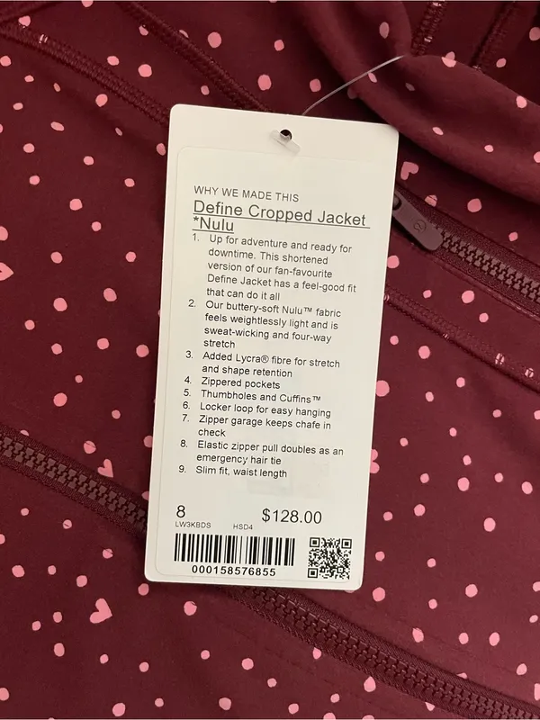 Lululemon NWT Define Cropped Nulu Fill Zip Jacket Heart Scatter Dot Print Size 8 - Image 4
