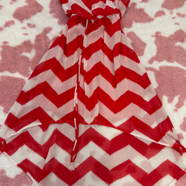 Red & White Chevron Strapless High-Low Dress 💋 Flowy Chiffon Summer Babe Mini Maxi | Size S - Image 4