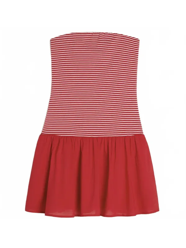 Hollister Tall Strapless Drop-Waist Knit-Woven Mini Dress NWT Cherry Red Stripe - Image 3