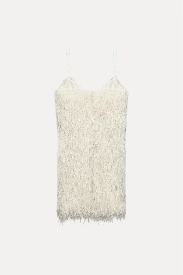 Zara White Feathered fringed Fluffy mini Dress party cocktail evening wedding - Image 11