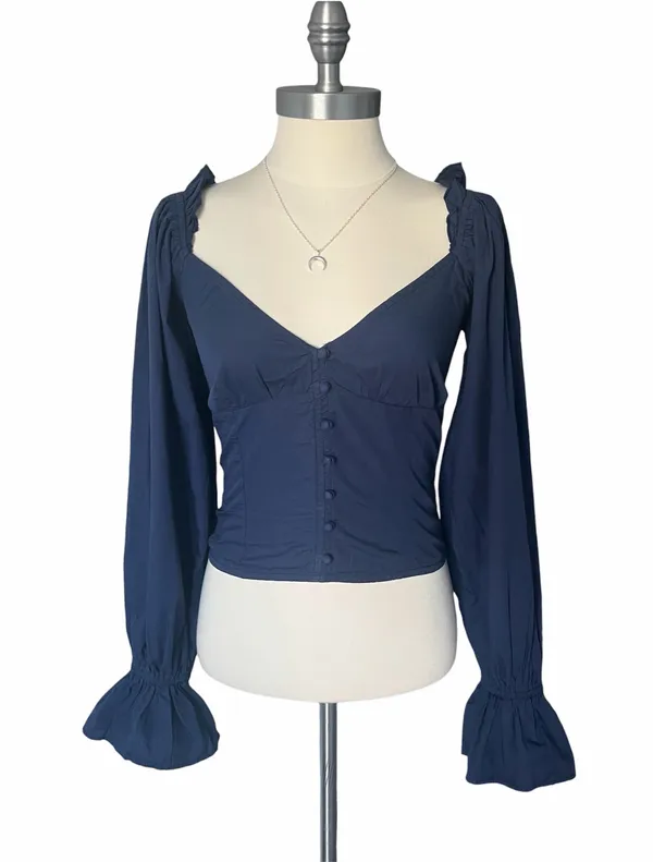 Anthropologie NWT Navy Blue Blouse Sz XS Cotton Sweetheart Neck 3/4 Puff Sleeve - Image 2