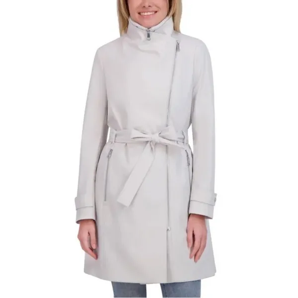 Halston Heritage NEW Halston Women's Belted Wrap Silver Collared Trench Coat With Pockets, Size M - Image 6