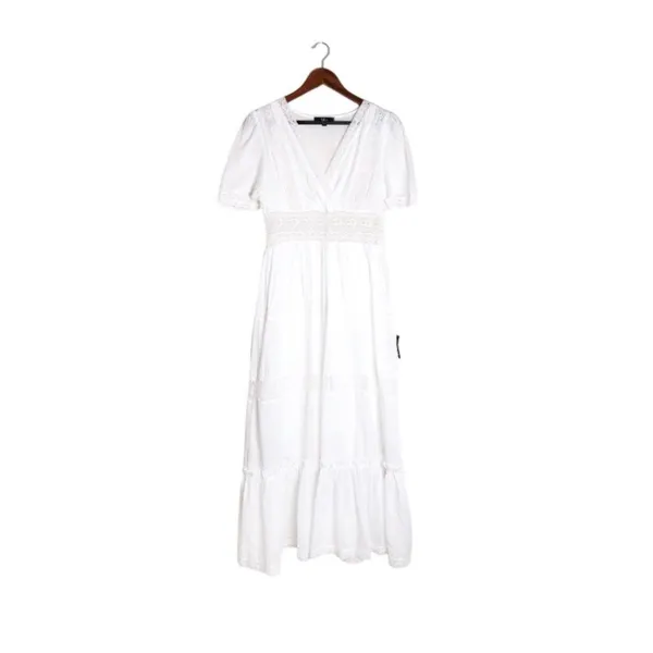 Lulu's Folklore Swiss Dot Lace Trim Tiered Gauze Midi Dress Pinstripe White M - Image 4