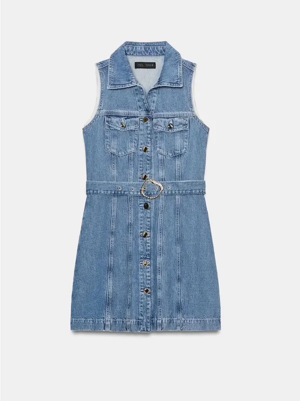 Zara Sleeveless Denim Button-Front Mini Dress in Blue with Belt - Image 6