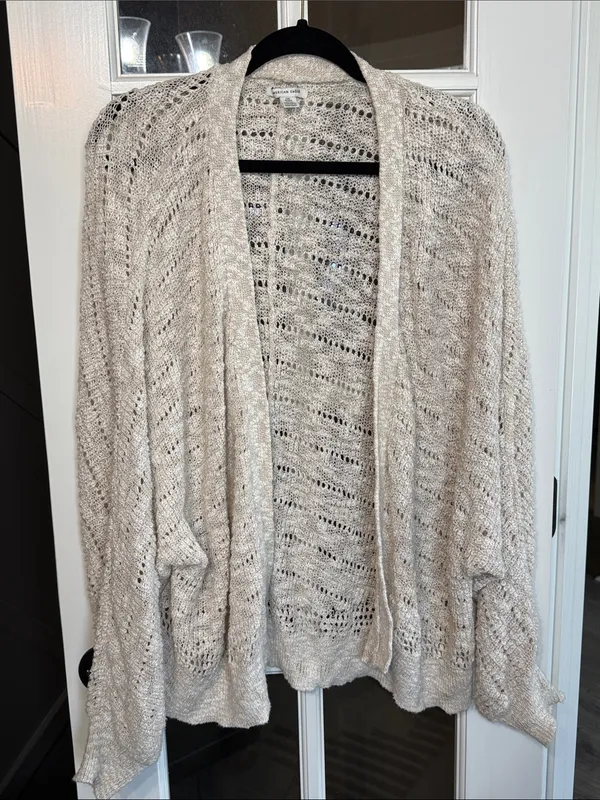 AMERICAN EAGLE Crochet Open-Front Cotton Knit Cardigan L/XL Coastal Cottagecore - Image 3