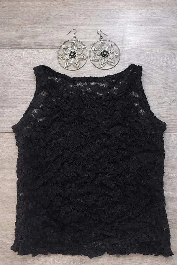 Ann Taylor Sheer Black Lace Top + Silver Floral Statement Earrings | Chic bundle - Image 6