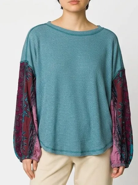 We The Free Oversized Waffle Knit Top Boho Patchwork Sleeves Sz S - Image 7