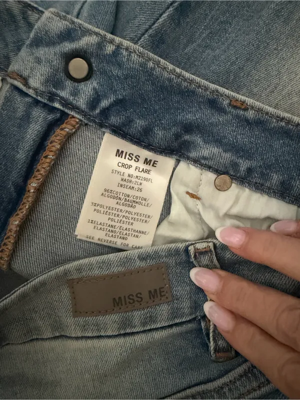Miss Me Cropped Flare Diatressed Blue Jeans with Raw Hem 27 - Image 4