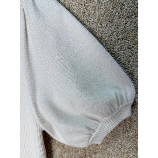 French Connection White Ribbed Square Neck Puff‎ Sleeve Sweater Top Small - Image 3