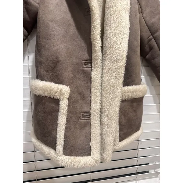 Abercrombie & Fitch Faux Suede Shearling Coat Womens XS Brown Cream Lined Jacket - Image 5