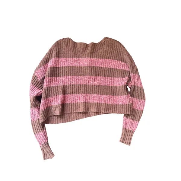 American Eagle Cropped Henley Sweater Striped Knit Brown Pink‎ Womens S - Image 2